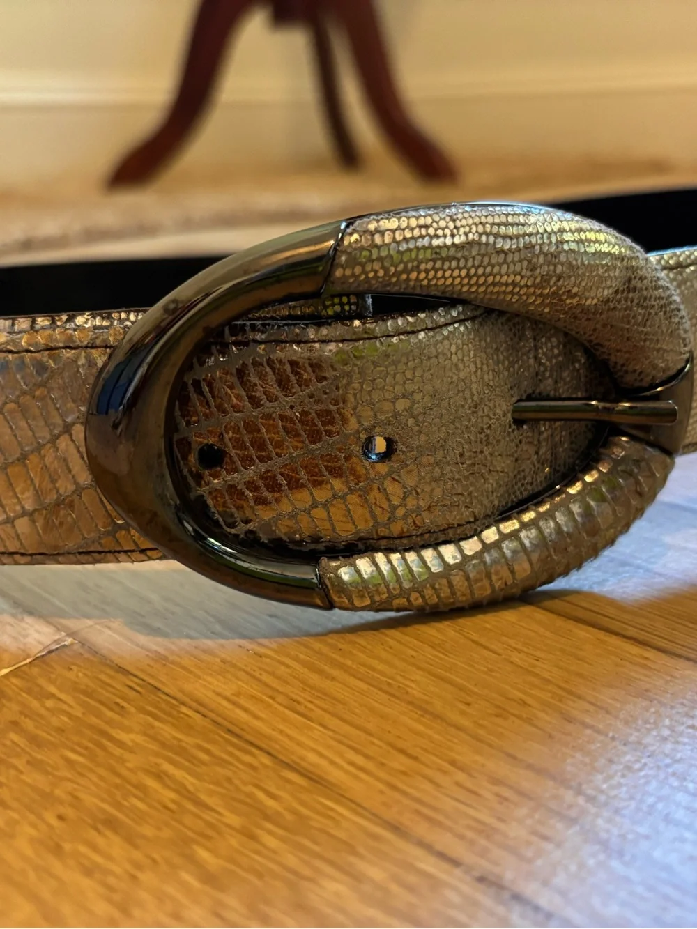 Sandy Duftler Designs Vintage Made in USA Reptile Belt Gray Metallic Buckle L